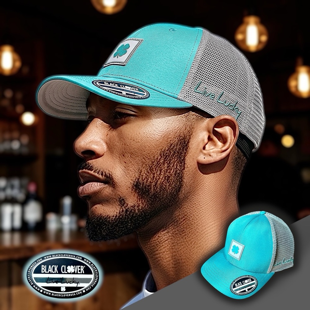 Black Clover NP23 Square Teal Green Grey Snap Back Trucker Hat Sz OS
